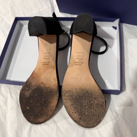 Stuart Weitzman NearlyNude Black Suede Block-Heel Sandals - Size 9 - Picture 2 of 3